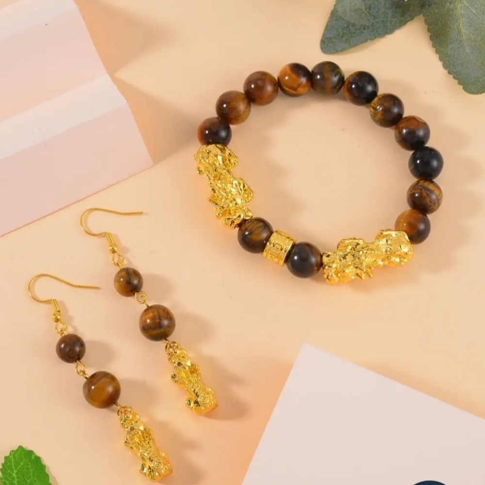 New Tigers Eye Pixiu Earring and Feng Shui Stretch Bracelet
